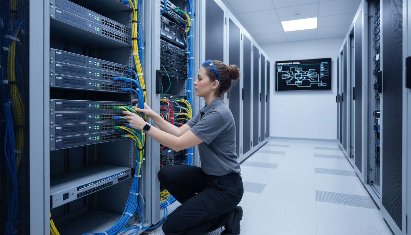 Network engineer working with equipment in a server room